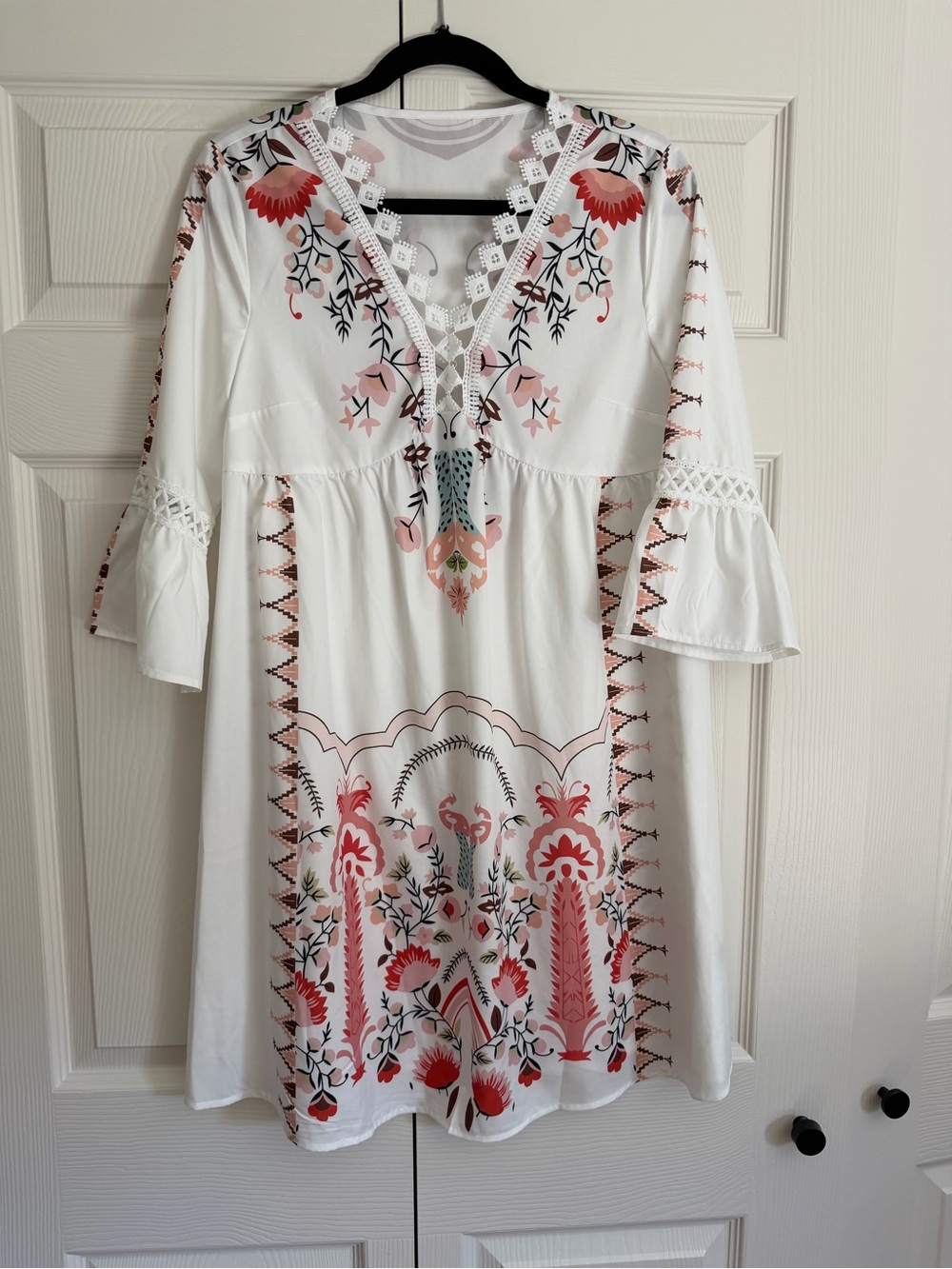 White Midi Dress with Pink & Red Floral Embroidery